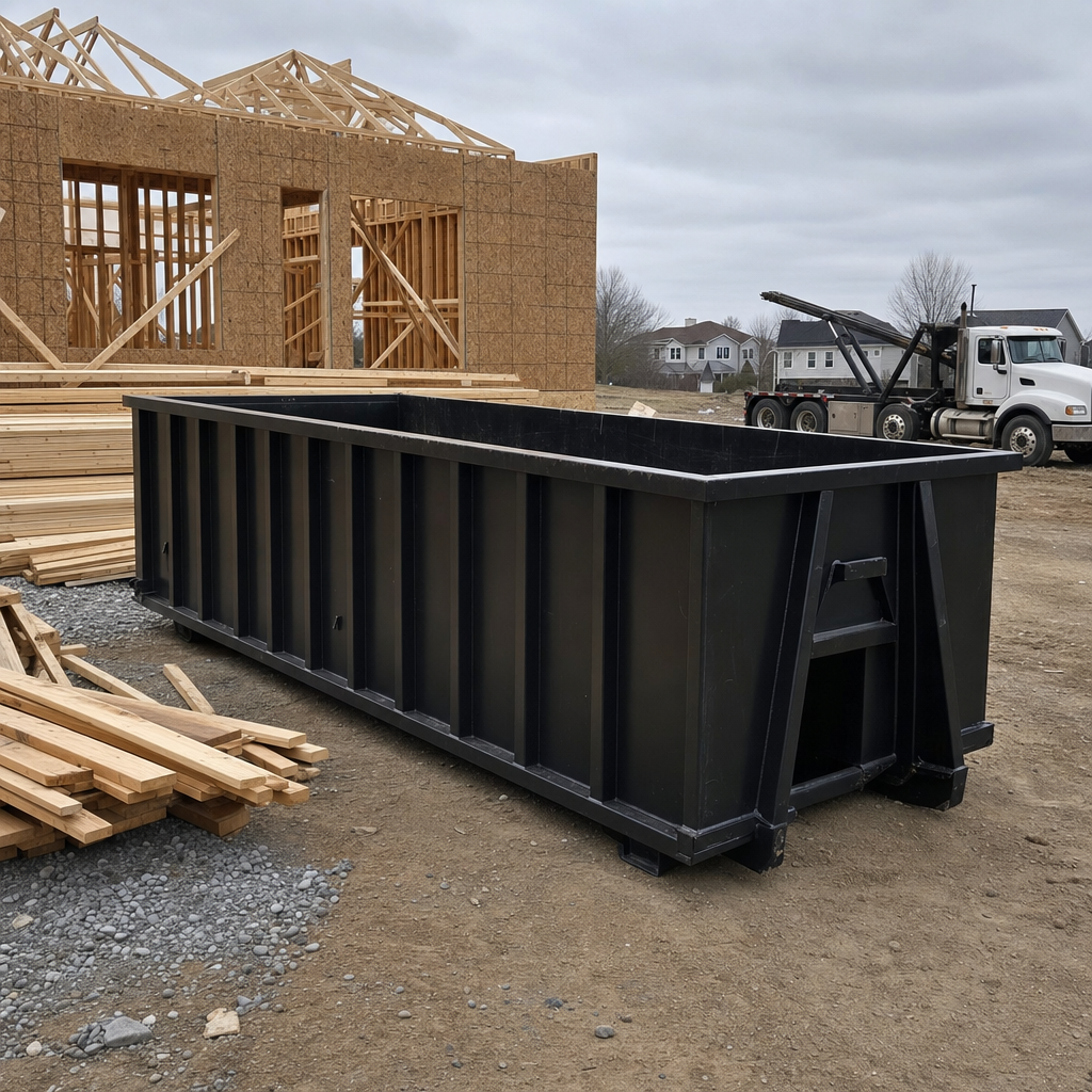 Matte-black 40-yard roll-off dumpster staged on a framed-out residential construction site in Bloomington, framing lumber stacked nearby, hooklift delivery truck visible in the background under bright Colorado daylight