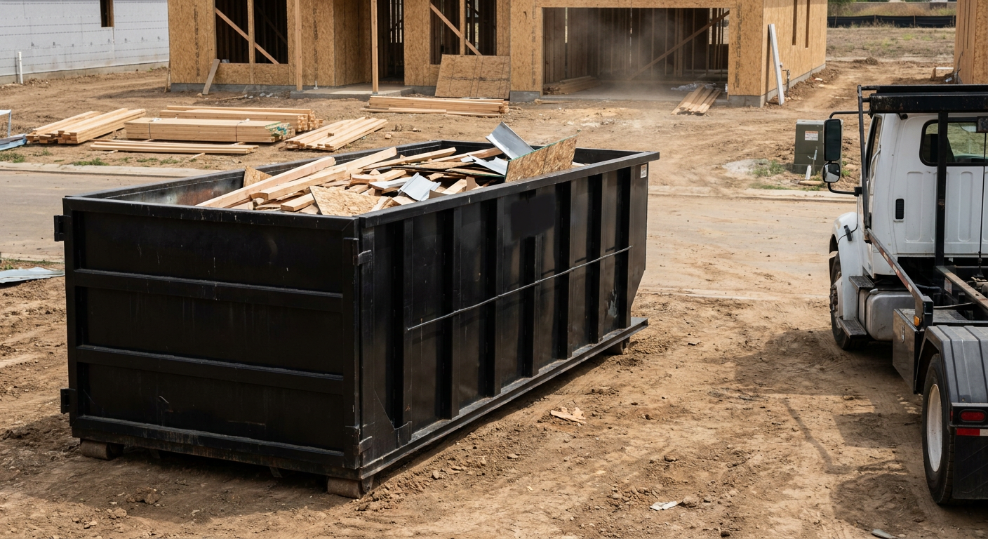 Matte-black 20-yard roll-off construction dumpster with heavy ribbed steel sidewalls and swing rear doors at a working jobsite in Bloomington, sitting directly on compacted dirt with an unmarked white hauler partially visible at the far edge of the frame.