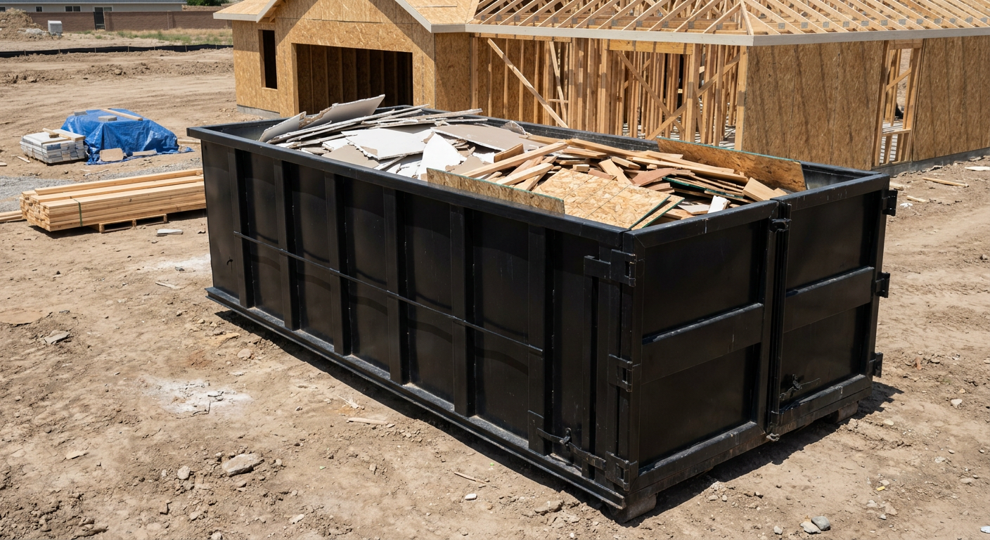 Matte-black 30-yard roll-off construction dumpster sitting directly on the compacted-dirt site of a framed single-family home build in Bloomington, drywall and lumber scrap loaded inside.