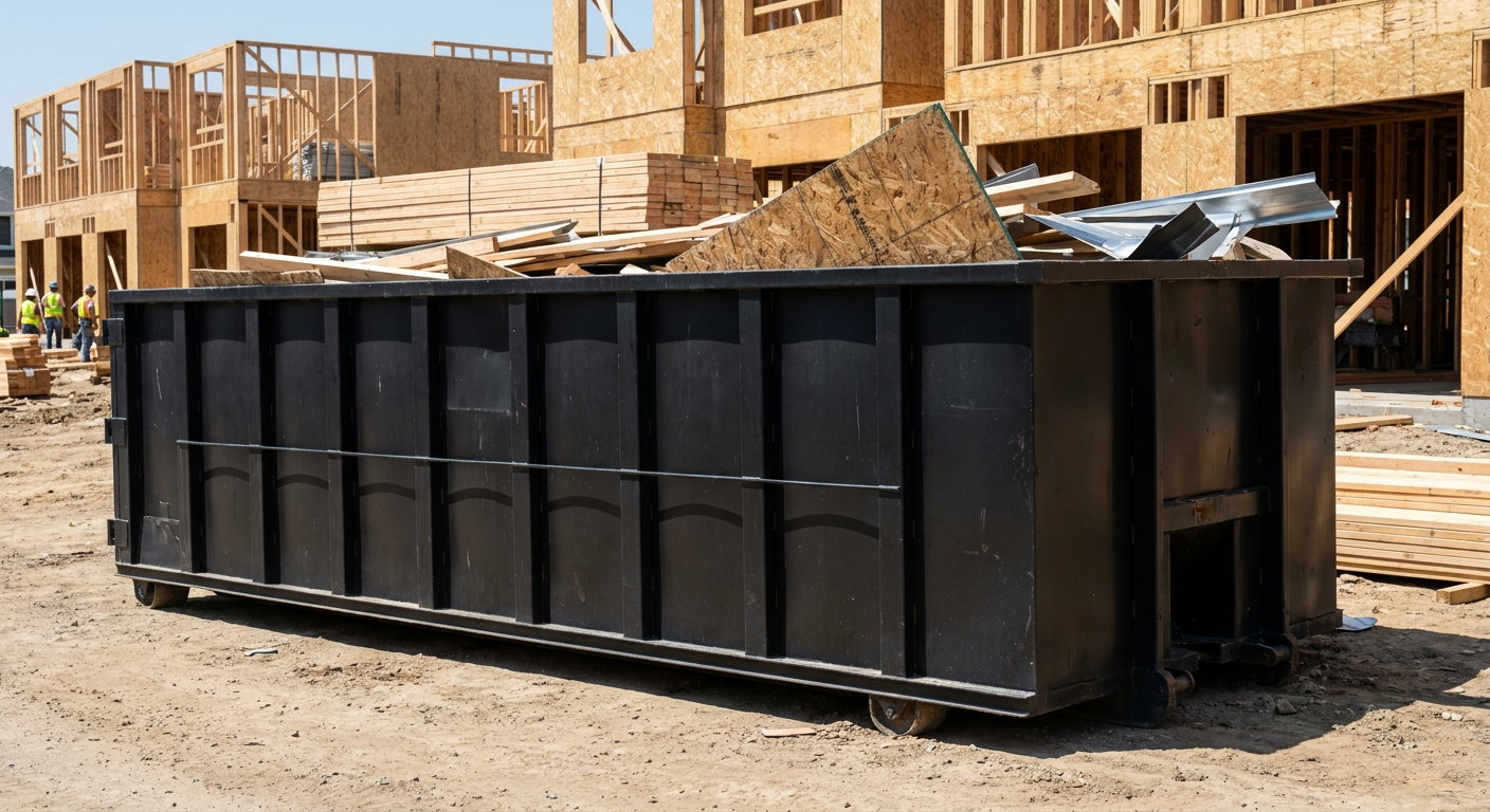 Matte-black 40-yard roll-off construction dumpster being lowered from a white-cab hooklift delivery truck onto the compacted-dirt jobsite at a commercial build site in Bloomington