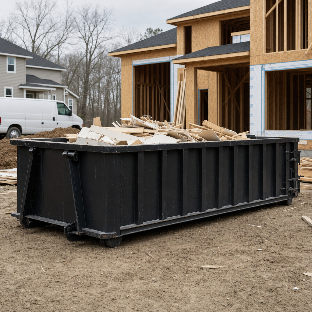 Worker in a yellow high-visibility vest tossing framing lumber and broken drywall into a matte-black 30-yard construction roll-off dumpster on an active build site in Bloomington, bright daylight