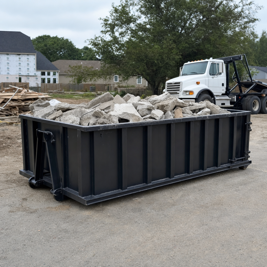 Low-profile matte-black lowboy roll-off dumpster loaded with broken concrete slab and rebar at a foundation tear-out in Bloomington, skid steer parked beside it, sunny Colorado morning