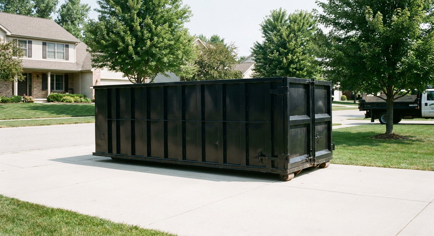 Matte-black 20-yard roll-off dumpster sitting level on a clean Bloomington residential concrete driveway under bright daylight, demonstrating clean placement directly on the concrete.