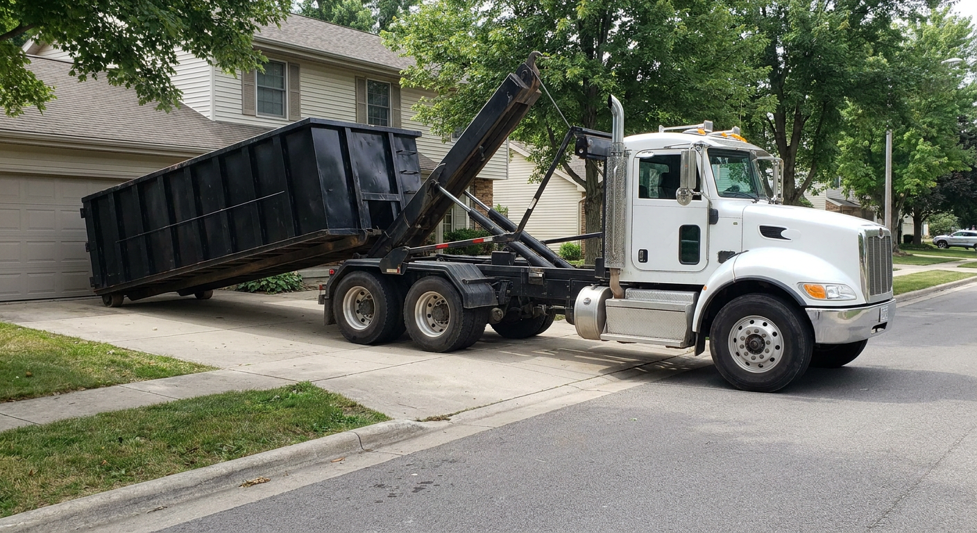 White-cab hooklift roll-off truck actively lowering a matte-black dumpster onto a Bloomington residential concrete driveway, the dumpster's rear wheels touching the driveway as the hoist arm tilts the bed forward, mid-morning daylight.