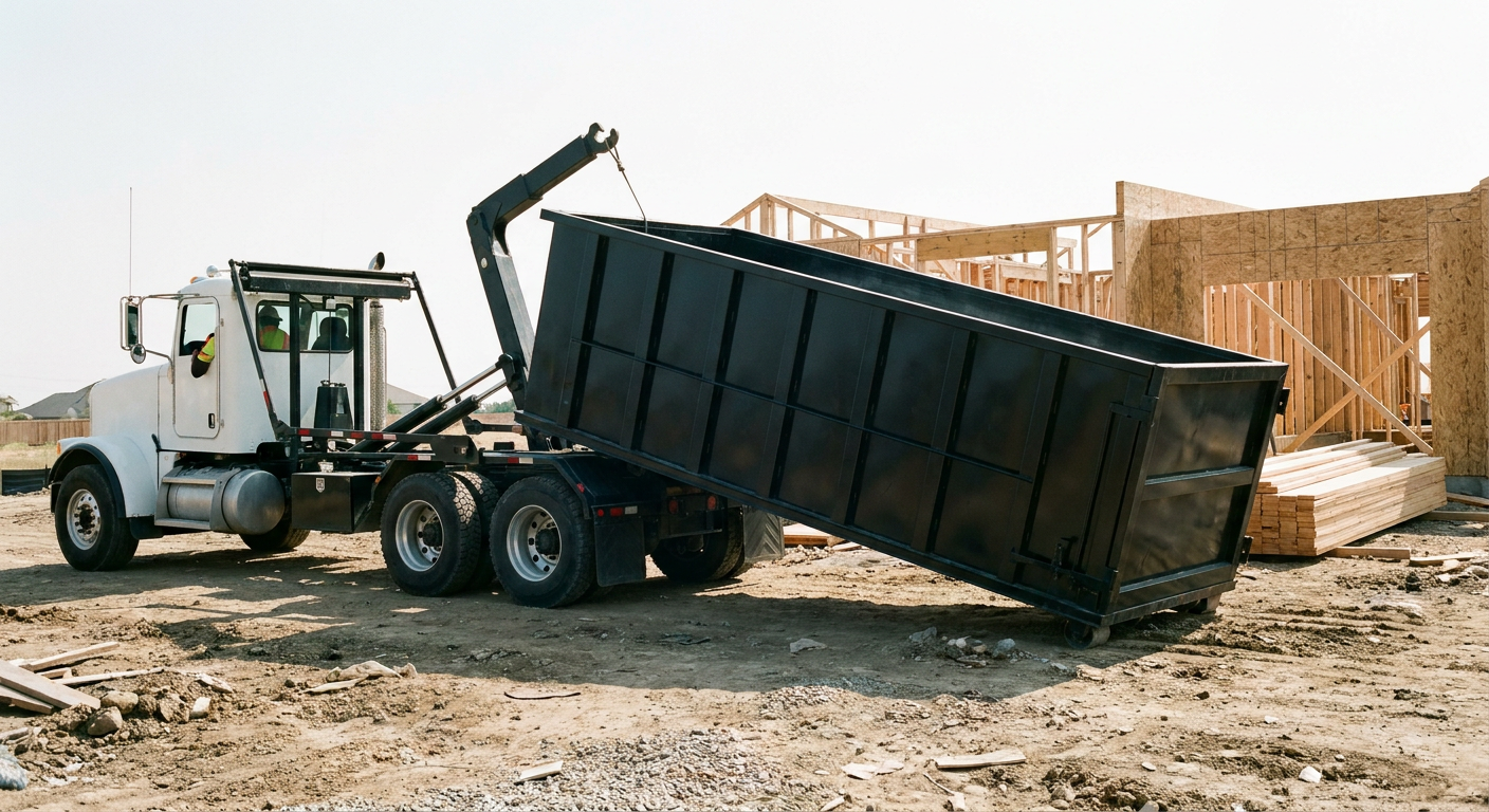 Matte-black roll-off dumpster being delivered onto a clean residential concrete driveway in Bloomington by an unmarked white hooklift hauler truck, bright morning daylight, documentary 35mm perspective.