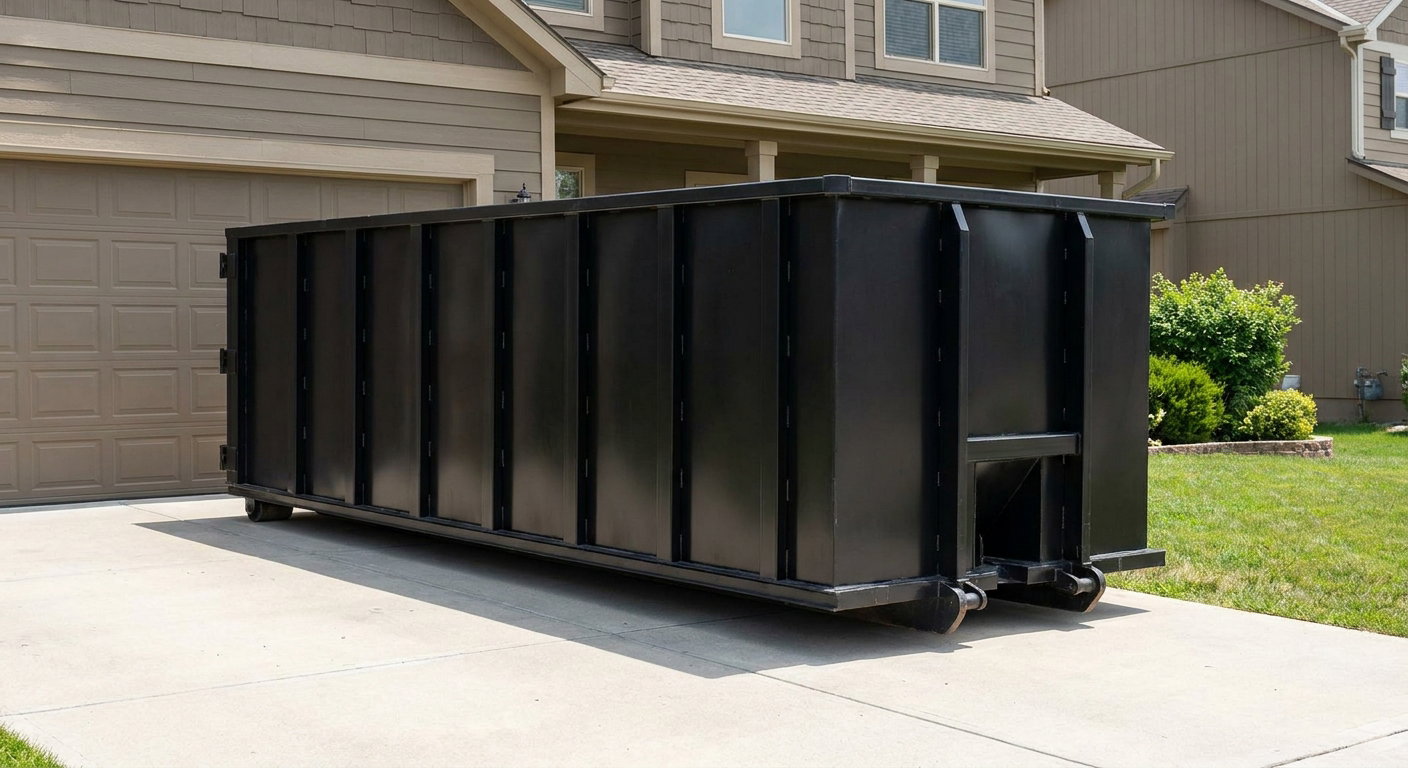 Matte-black residential roll-off dumpster sitting directly on a suburban Bloomington concrete driveway, garage door closed, single-family home in background, bright morning daylight.