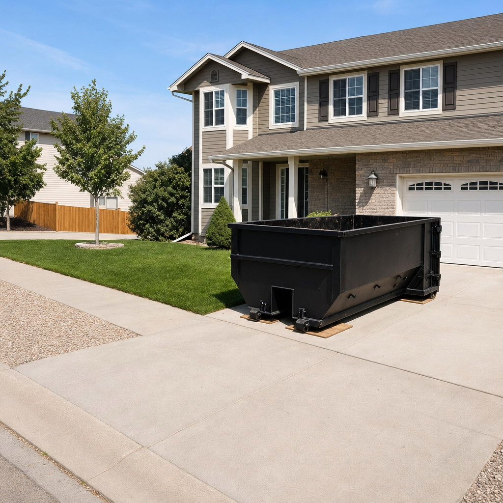 10-yard matte-black residential dumpster placed directly on a narrow Bloomington concrete driveway, room remains for a parked sedan beside it, mid-morning natural light