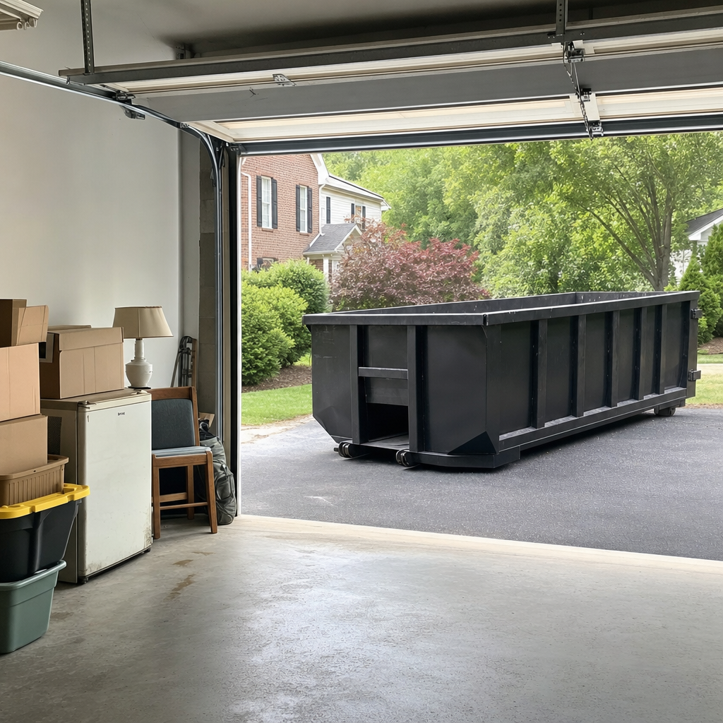 Open garage interior in a Bloomington home mid-cleanout — boxed items, an old appliance, and stacked yard tools queued near the driveway for a matte-black roll-off dumpster, organized and calm