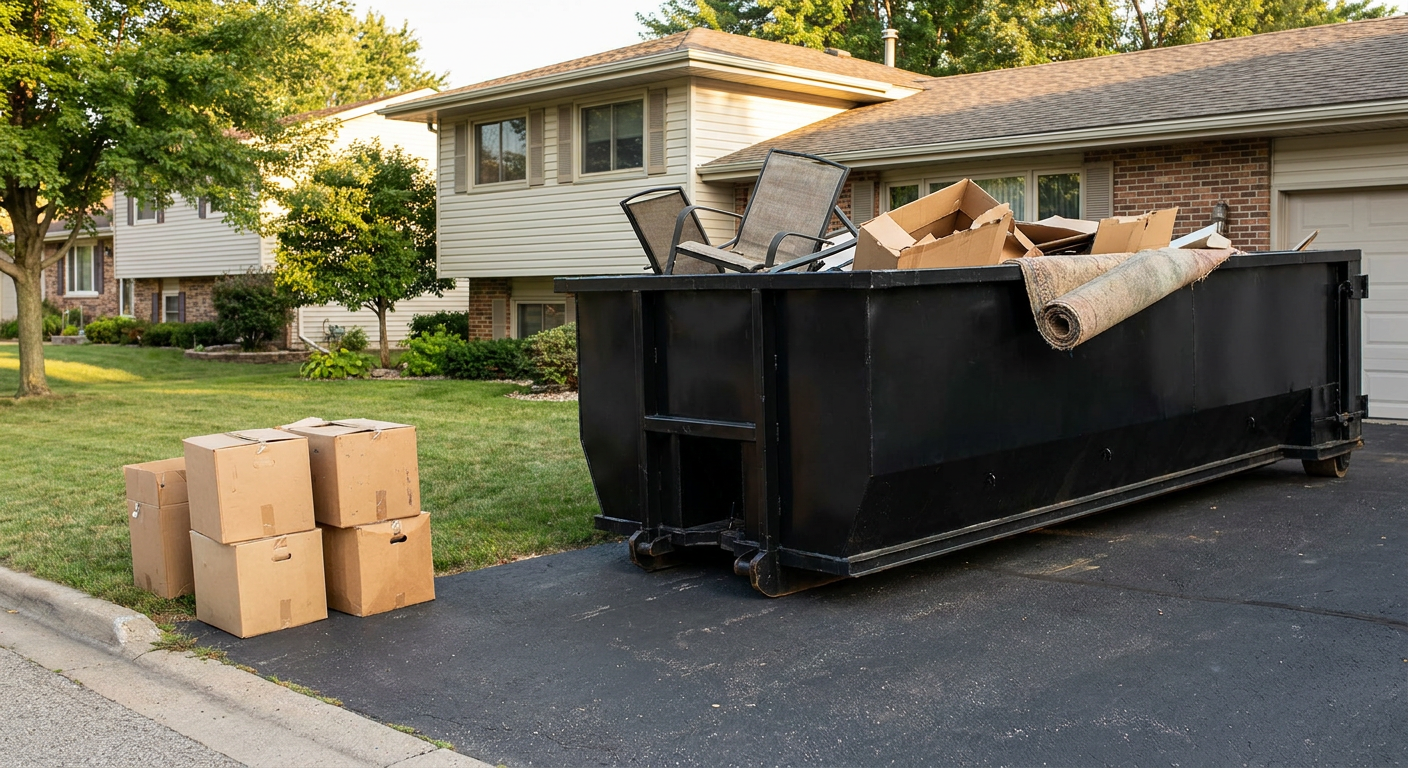 Front-yard view of a Bloomington split-level home with a 20-yard matte-black roll-off dumpster sitting directly on the asphalt driveway, a few clearly labeled donation boxes staged at the curb, calm sunny afternoon.