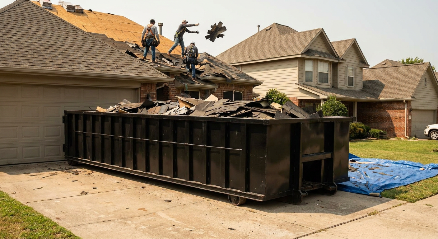 Matte-black roofing roll-off dumpster placed directly on a Bloomington residential concrete driveway, a tear-off crew on a two-story asphalt-shingle roof tossing shingle bundles into the low-walled container, bright daylight, documentary 35mm perspective.