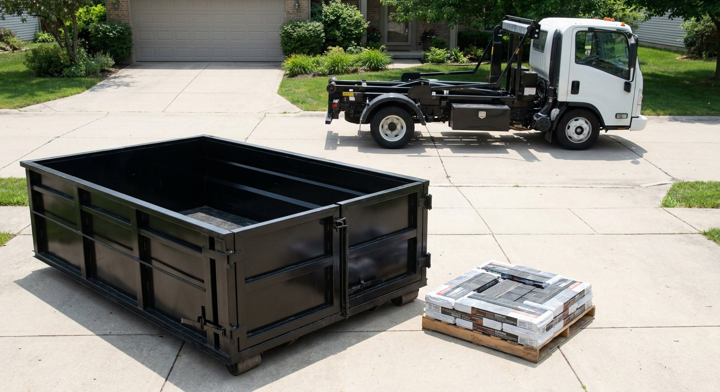 Matte-black 15-yard roofing roll-off dumpster with reinforced low side walls sitting directly on a Bloomington residential concrete driveway, three-tab asphalt shingle bundles stacked nearby, an unmarked white hauler truck partially visible at the edge of the frame.