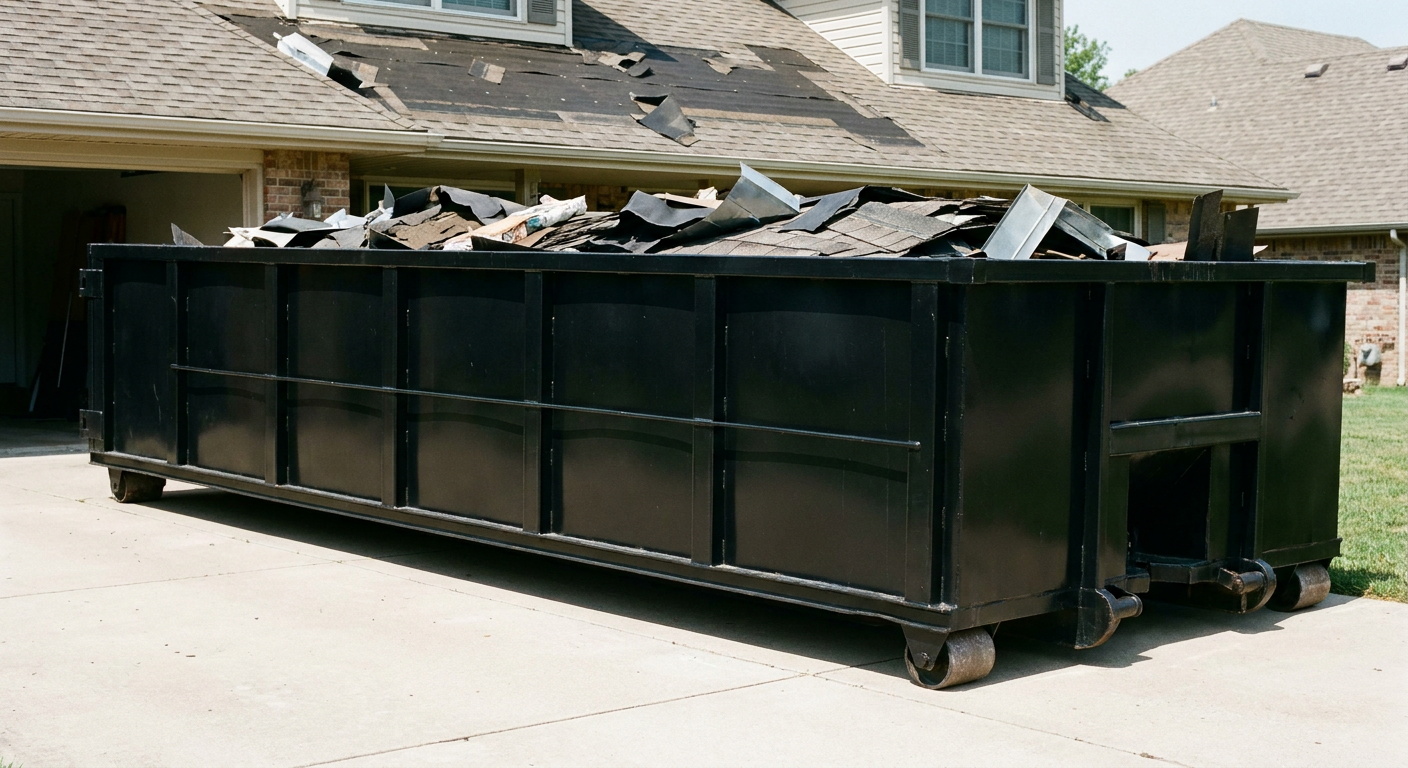 Matte-black 20-yard roofing roll-off dumpster with steel ribbed sides and swinging rear door, sitting directly on the concrete driveway of a two-story Bloomington home, asphalt shingle debris being loaded over the low wall, clean documentary lighting.