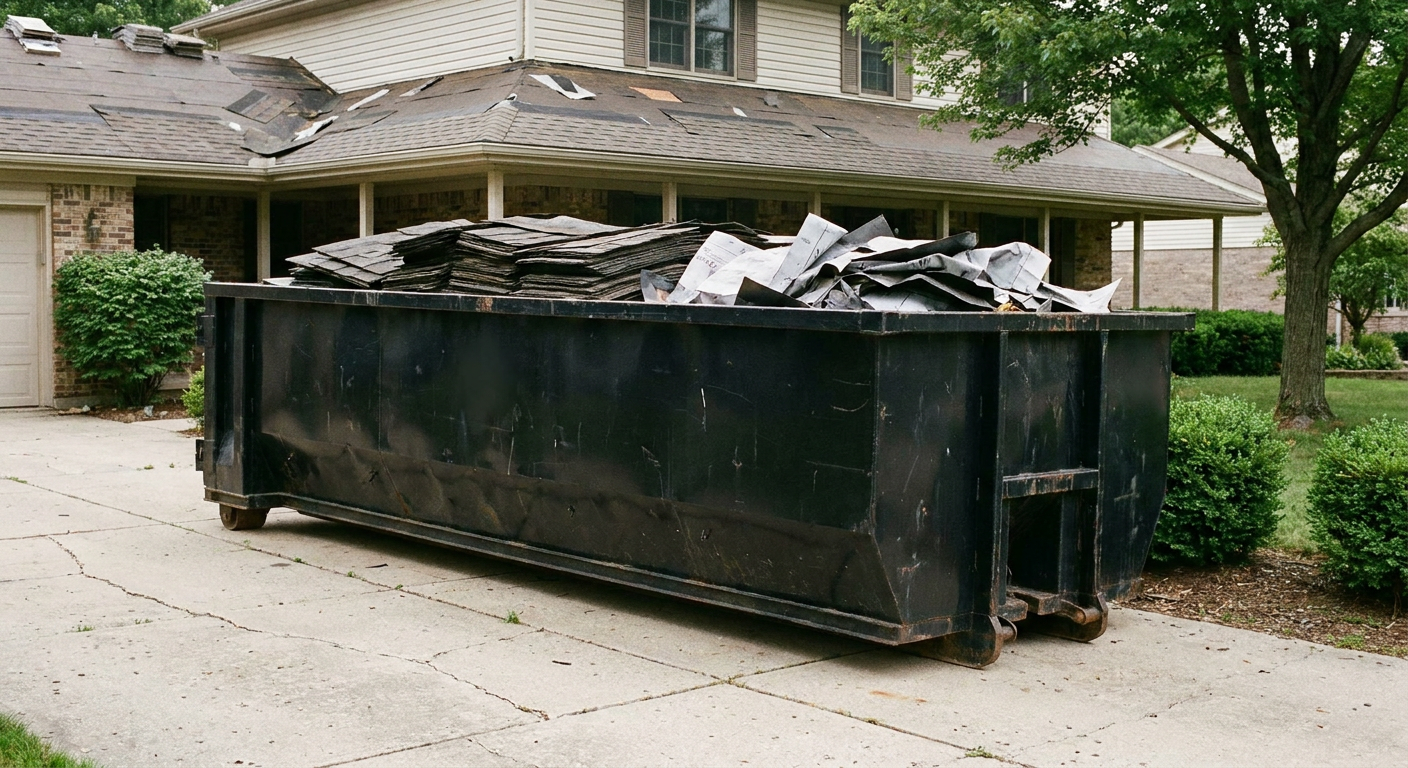 Matte-black 30-yard roofing roll-off dumpster sitting directly on a Bloomington concrete driveway, taller ribbed steel side panels, mixed tear-off debris of asphalt shingles and underlayment inside, professional documentary daylight.
