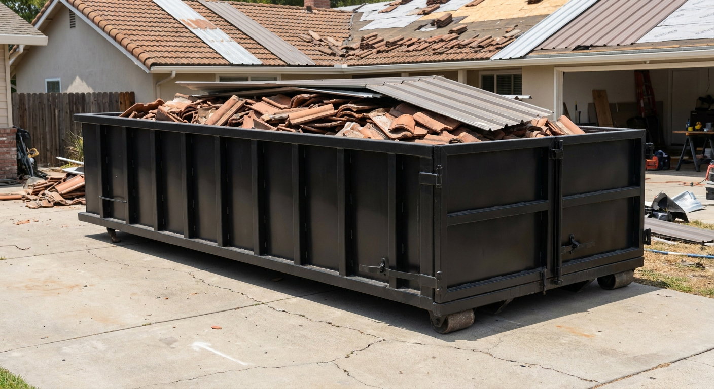Matte-black low-wall heavy-debris roofing roll-off dumpster sitting directly on a Bloomington concrete driveway, broken concrete clay roof tiles and metal panel sections loaded inside, reinforced ribbed steel side walls visible, bright outdoor daylight.