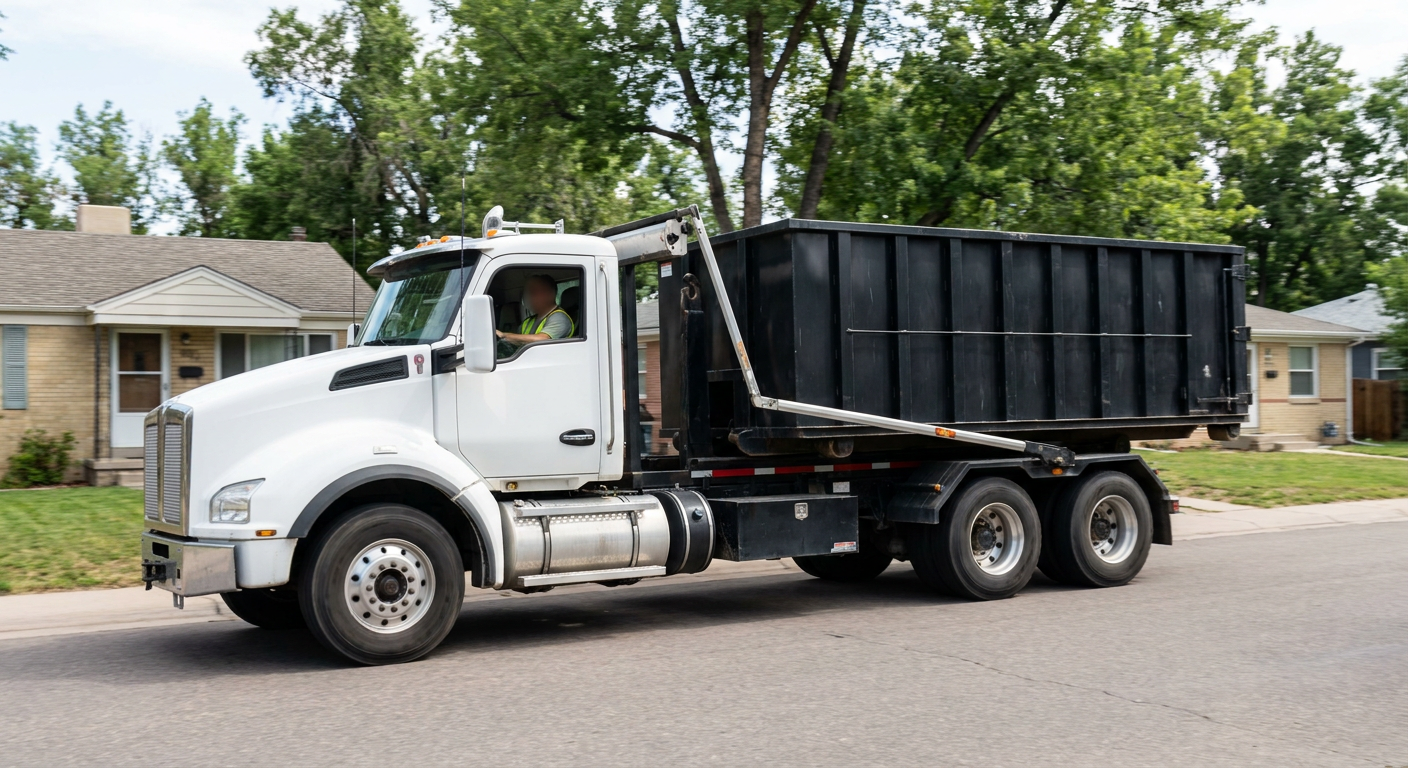 A wide documentary shot of a matte-black roll-off delivery truck pulling onto a quiet Bloomington residential street at mid-morning, with neighborhood rooftops and tree-lined blocks visible behind, showing the metro coverage footprint.