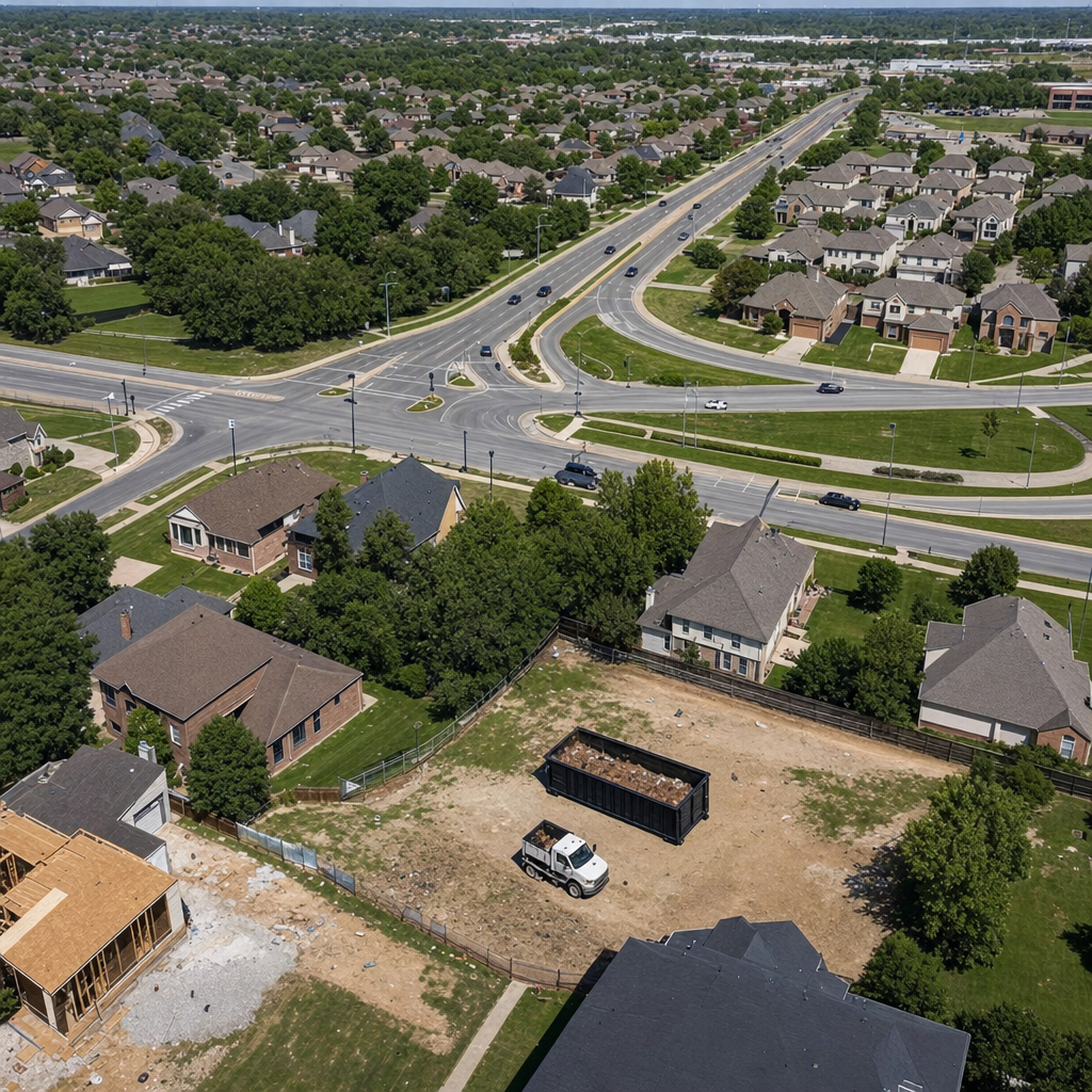 An overhead documentary view of the Bloomington metro area at midday, showing the spread of neighborhoods, arterial roads, and the dispatch radius from a central yard — clean daylight, organized geographic layout.
