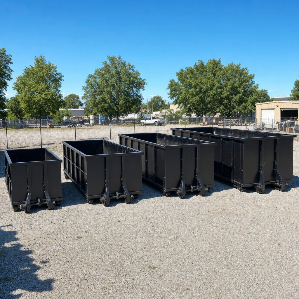 A clean lineup of matte-black roll-off dumpsters in 10, 20, 30, and 40-yard sizes staged on a sunlit gravel yard in Bloomington, showing the size progression from compact to commercial-scale containers.