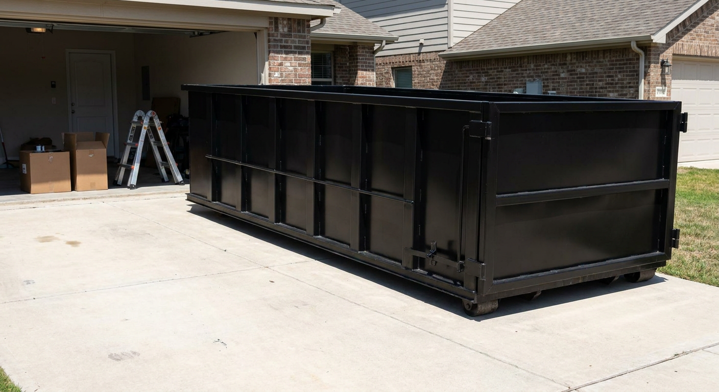 A matte-black 10-yard roll-off dumpster sitting directly on a residential Bloomington concrete driveway, mid-day sunlight, clean and ready for a garage cleanout.