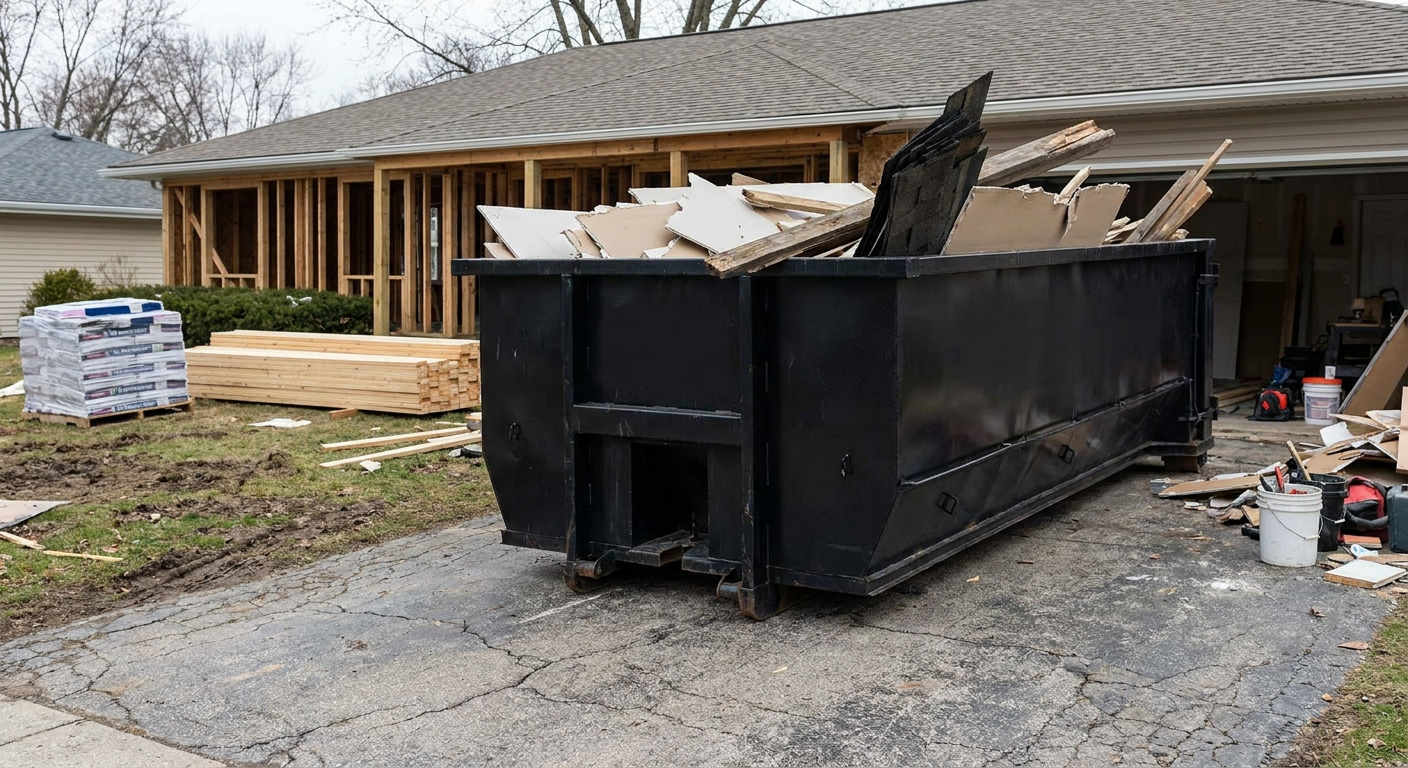 A matte-black 20-yard roll-off dumpster placed alongside a mid-renovation Bloomington home directly on the asphalt driveway, with framing materials and torn-off shingles staged neatly nearby.