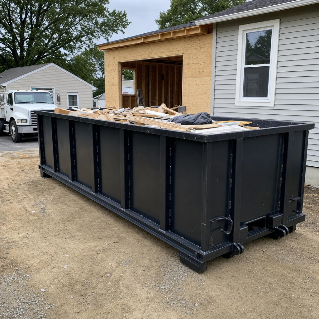 A matte-black 30-yard roll-off dumpster positioned at a Bloomington residential addition jobsite, with framing lumber and drywall scraps loaded through the open swinging rear doors.