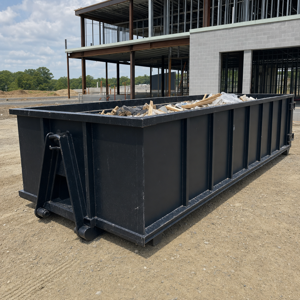 A matte-black 40-yard roll-off dumpster staged on a large Bloomington commercial construction lot, with a hooklift delivery truck parked alongside under bright midday sky.