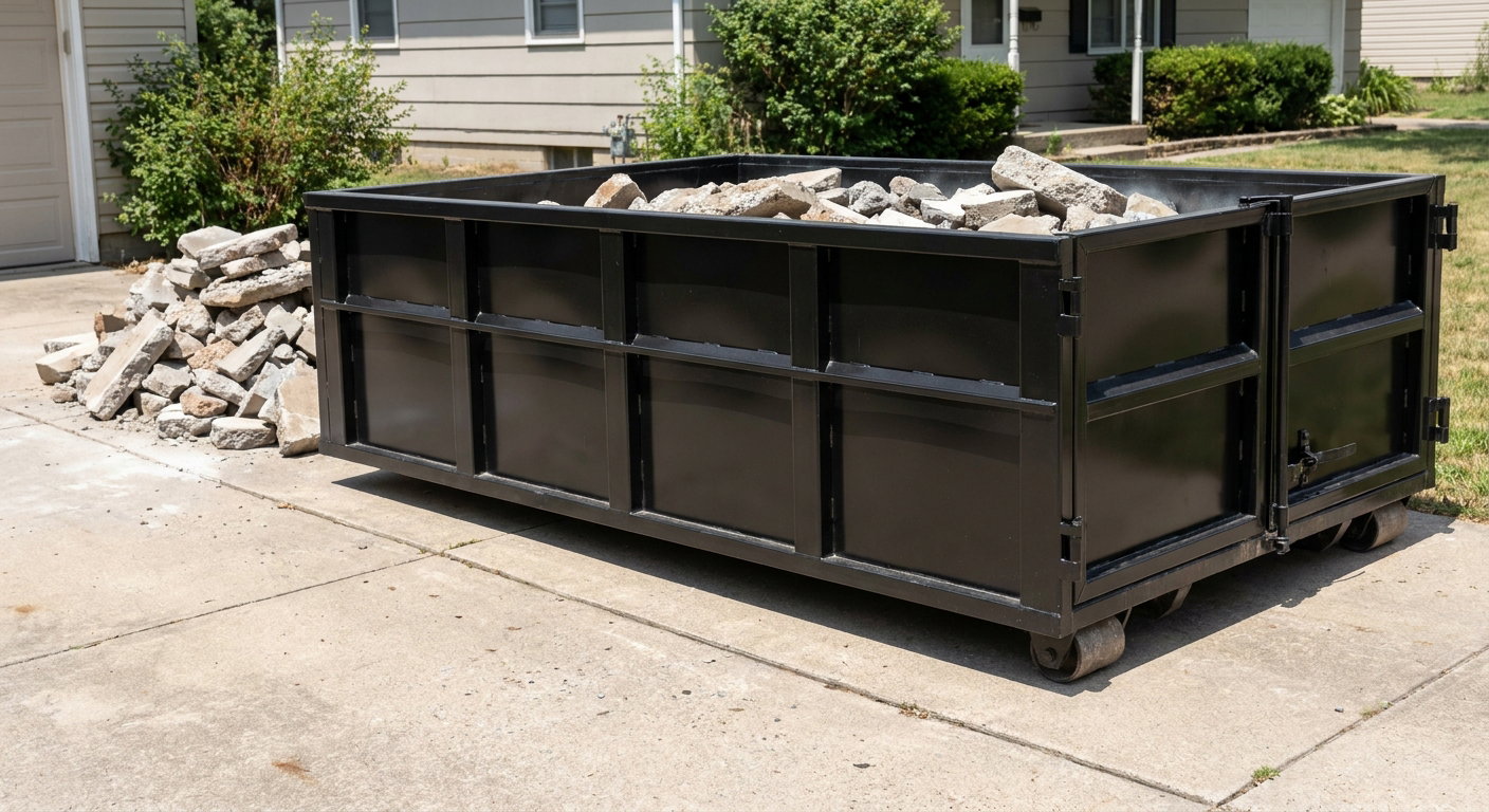 A matte-black low-side heavy-debris roll-off dumpster placed directly on a Bloomington concrete driveway, with broken concrete chunks neatly stacked beside it under clean daylight.